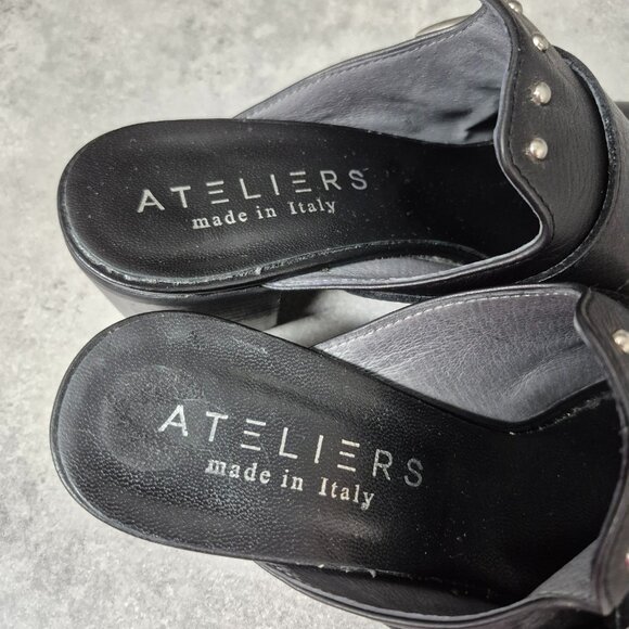 39 Ateliers Black Leather Studded Slip on Sandals Mules - Picture 8 of 10